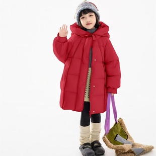韩版冬女童红色中长款90白鸭绒羽绒服女孩中大童加厚保暖连帽外套