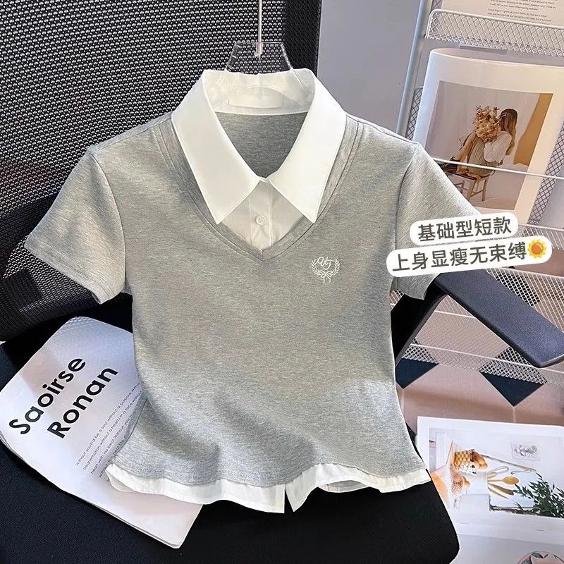 超火的女童假两件短袖2025夏装新款12岁中大童装独特漂亮小熊t恤