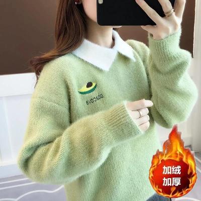 套头绣花中大童水貂加绒针织衫