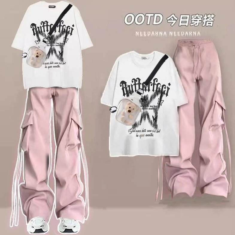 送包2024夏季新款女童潮牌炸街纯棉短袖T恤套装中大童裤子两件套