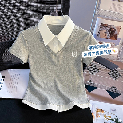 女童超好看短袖t恤2026夏季新款中大童装爆款体恤假两件短款上衣