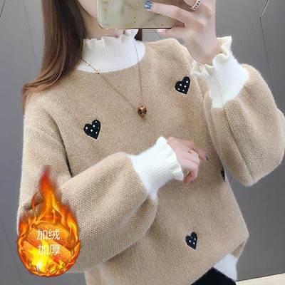 女童秋冬半高领爱心毛衣2025新款冬季加厚中大装童加绒内搭针织衫