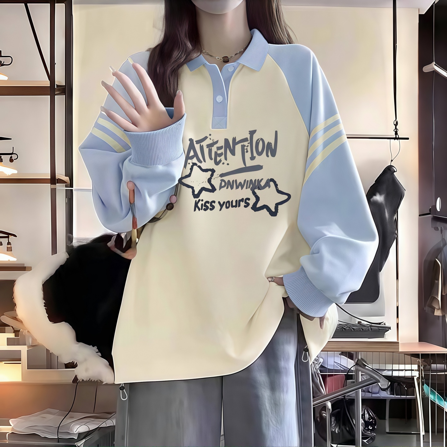 女童蓝色polo领纯棉卫衣2025新款秋装今年流行爆款中大童加绒外套