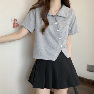 女童超好看不规则t恤短袖2026夏季新款中大童宽松短款开叉上衣