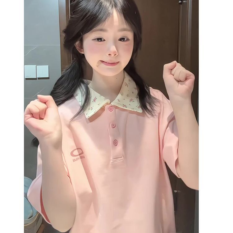 女童超好看纯棉短袖粉色碎花t恤2025夏季新款中大童美式体恤上衣
