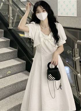 女童法式方领连衣裙白色长裙套装