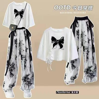 女童裤子夏季薄款短袖套装阔腿裤