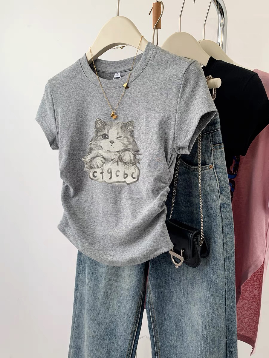 灰色猫咪正肩短袖t恤女夏季2025新款爆款设计感修身显瘦短款上衣