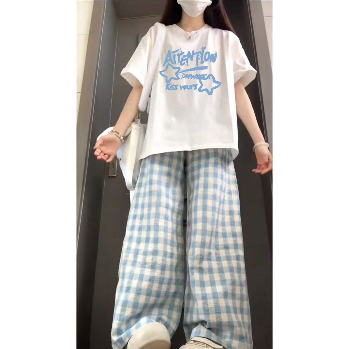 多巴胺蓝色休闲格子裤女孩童夏季新款薄款直筒宽松阔腿拖地长裤子