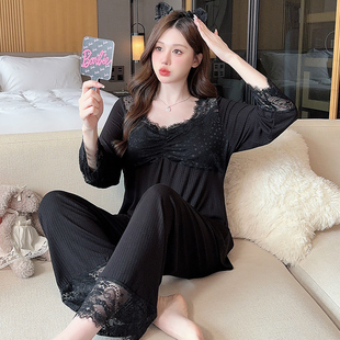 睡衣女士春秋季莫代尔棉长袖性感纯欲蕾丝边带胸垫家居服套装