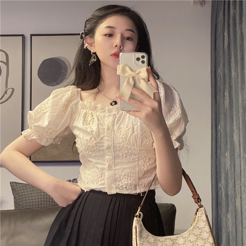 Real price cotton embroidered wooden ear edge lantern Bubble Sleeve Shirt Top