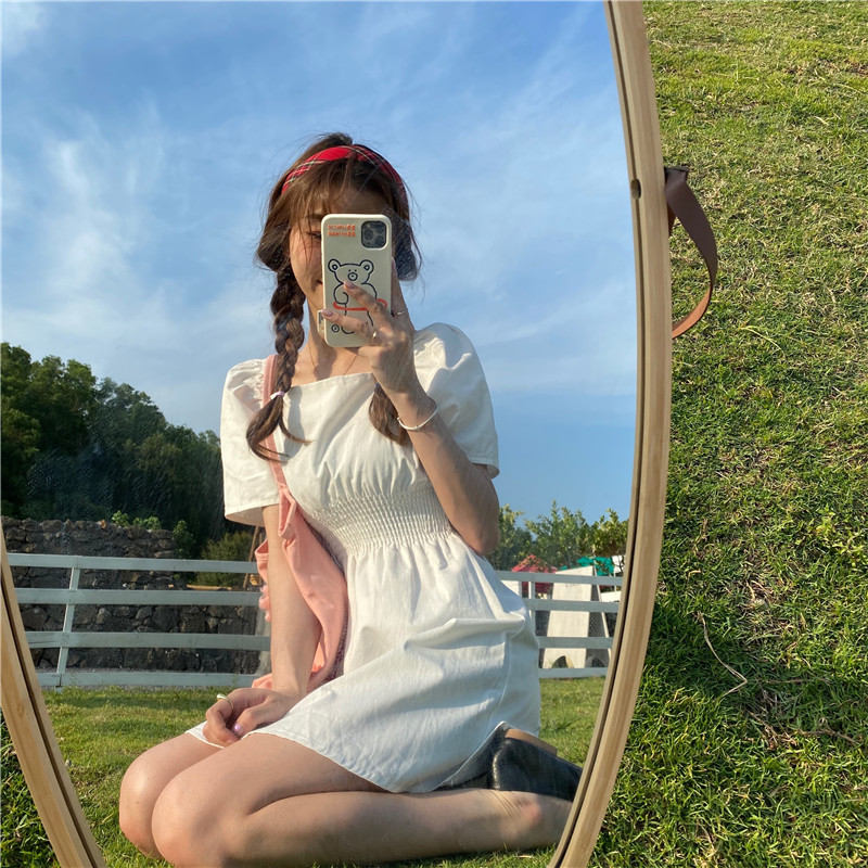 Real photo real price Korean Princess temperament square collar elastic waist high skirt dress