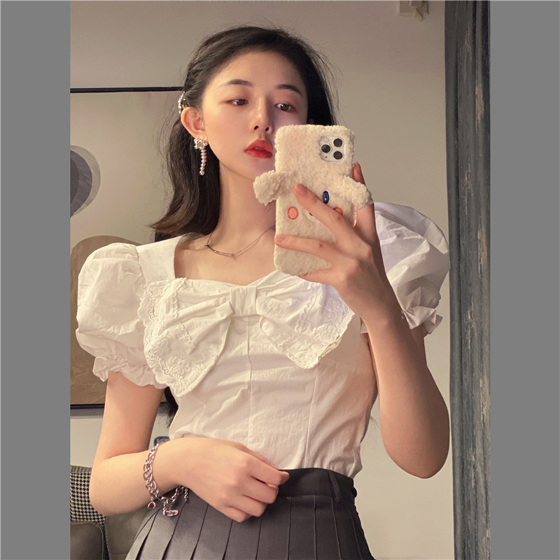 Real price new design small bow square neck bubble sleeve short shirt French style foreign style top