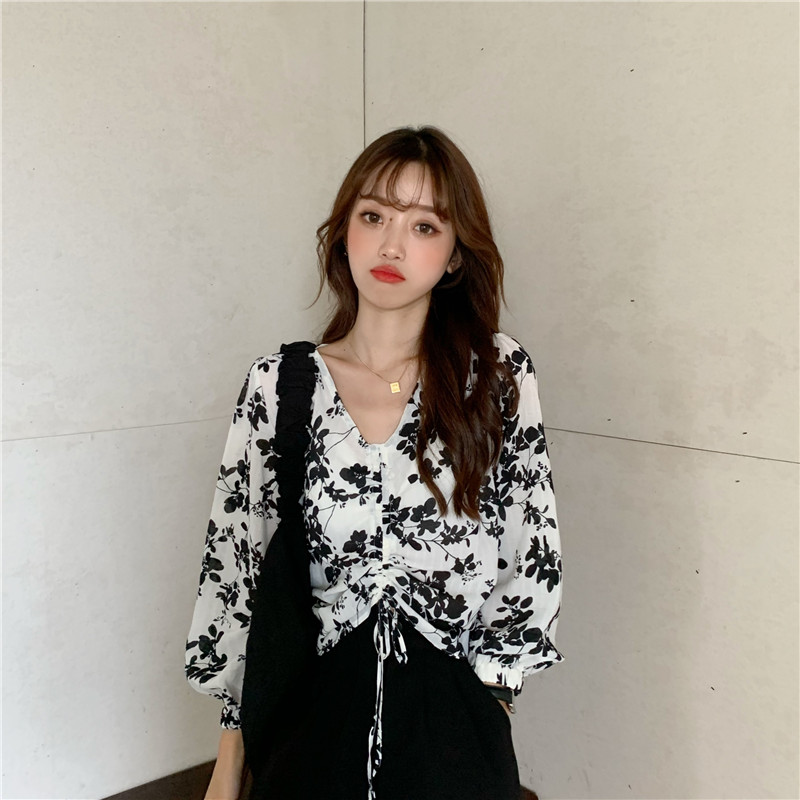 Real price autumn new Korean floral design with drawstring short long sleeve top