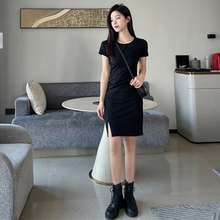 2024新款 黑色连衣裙女夏季 裙子收腰显瘦气质包臀裙性感开叉小黑裙