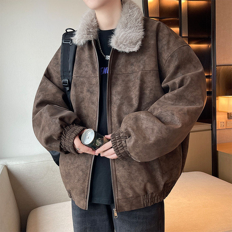 棕色雾面pu皮衣外套男冬季美拉德穿搭加厚羊羔绒棉服短款保暖棉衣