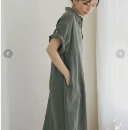夏季简约小众翻领墨绿单排扣宽松纯色短袖衬衫式连衣裙25071546