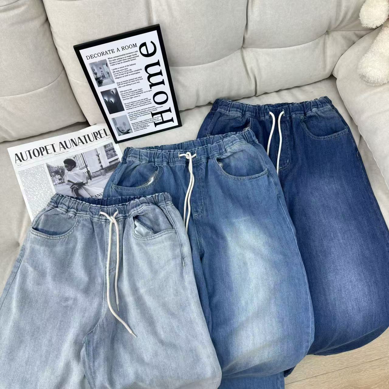 女款四季高腰个性绑绳设计感百搭复古直筒牛仔裤26041847