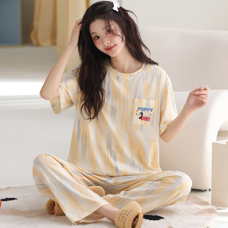 睡衣女夏季莫代尔棉短袖长裤黄色条纹可爱薄款宽松女士家居服套装