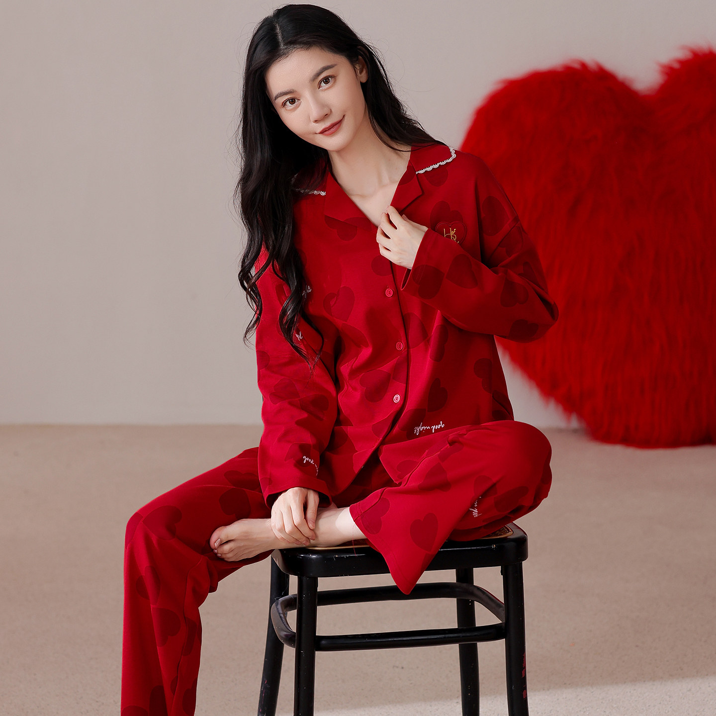 睡衣女春秋季纯棉长袖结婚本命年大红色高级感薄款外穿家居服套装