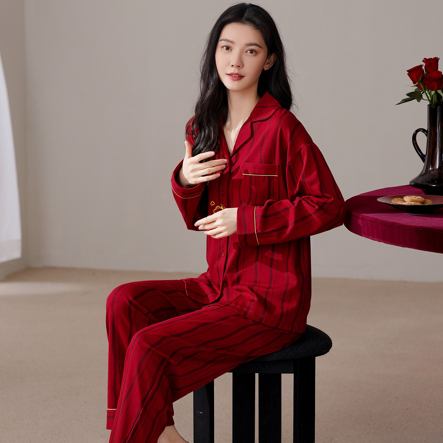睡衣女本命年结婚纯棉长袖大红色高级感春秋季时尚外穿家居服套装