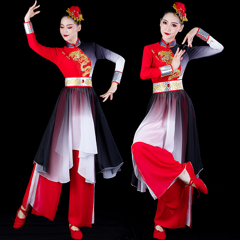 水墨古典舞蹈演出服女飘逸中国风艺考扇子舞伞舞秧歌打鼓服装套装_虎窝淘