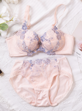 日系甜美可爱薄款少女内衣套装薄款大胸显小有钢圈上托文刺绣胸罩