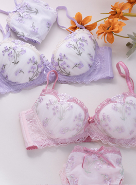 日系少女甜美刺绣花内衣套装小胸聚拢显大蕾丝可爱圆盘胸薄文胸女