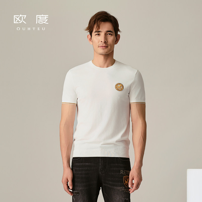新上新OUHTEU/欧度潮流短袖针织衫圆领白色男士修身版春季1752