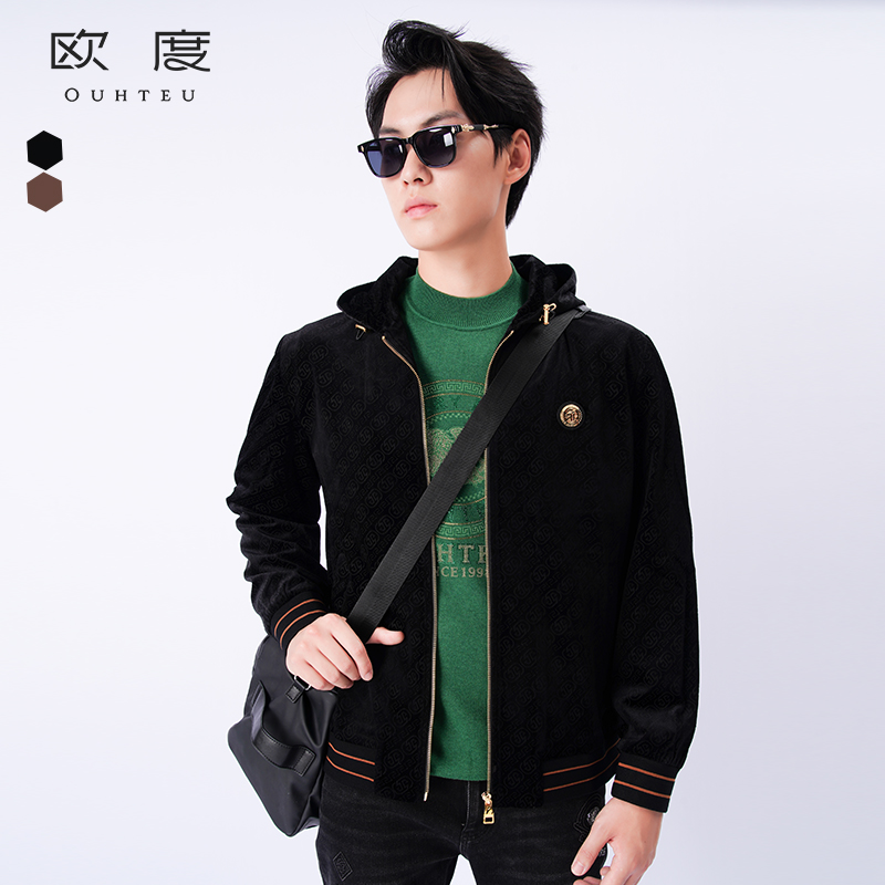 OUHTEU/欧度男士夹克外套连帽黑色潮流合体版型秋冬季