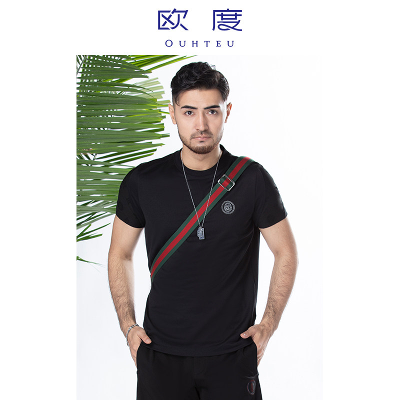 ouhteu/欧度男士短袖t恤针织圆领黑色男时尚修身版型夏季