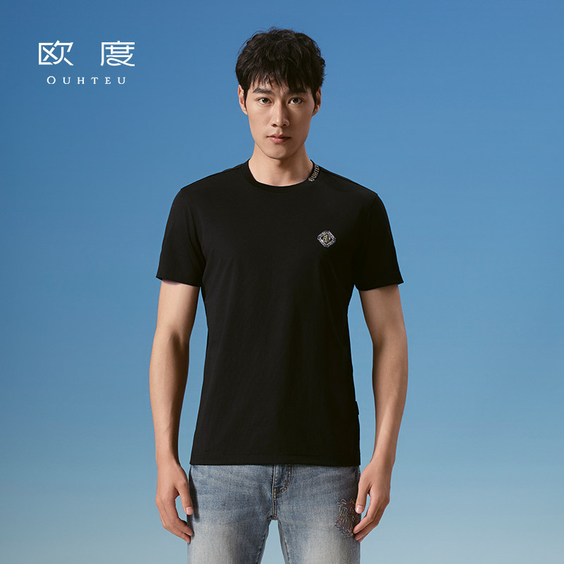 OUHTEU/欧度时尚短袖T恤黑色圆领男士修身版夏季2112