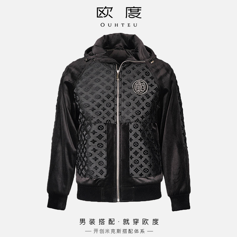 ouhteu/欧度连帽棉服聚酯纤维男士外套时尚廓形版型冬季黑色3713