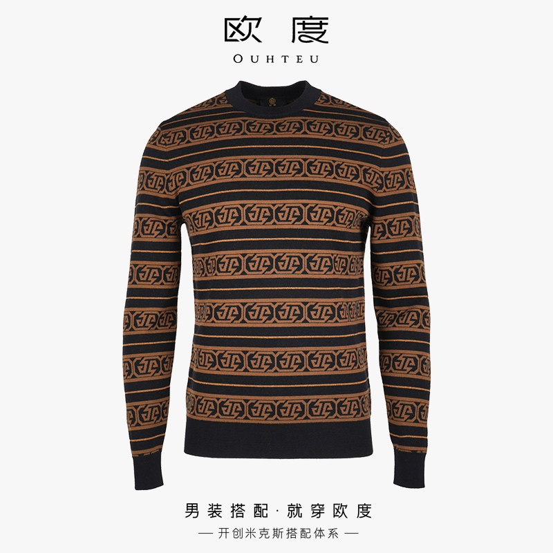 OUHTEU/欧度【绵羊毛】羊毛衫圆领男黑色潮流修身版秋冬季1429