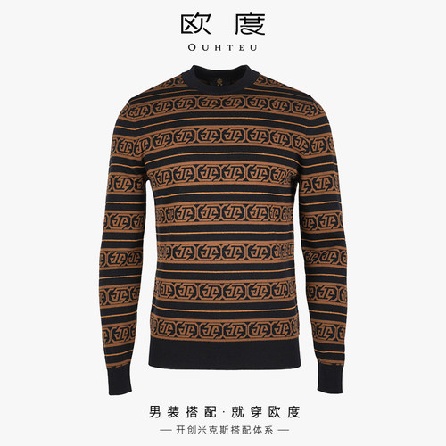 OUHTEU/欧度【绵羊毛】保暖羊毛衫圆领男黑色潮流修身版冬季1429
