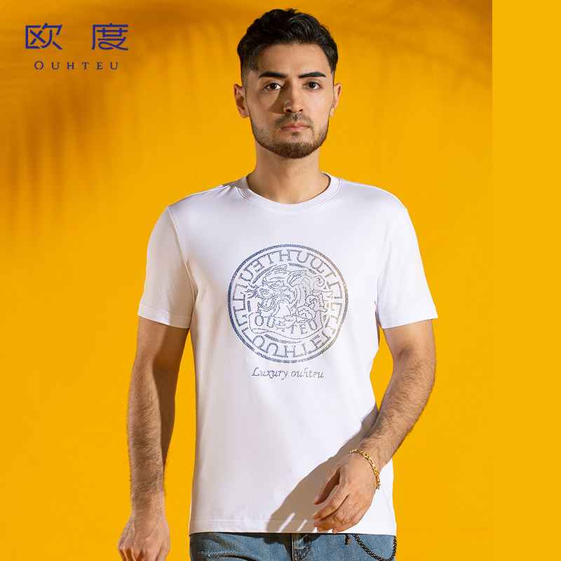ouhteu/欧度短袖t恤针织白色棉男潮流修身版型夏季