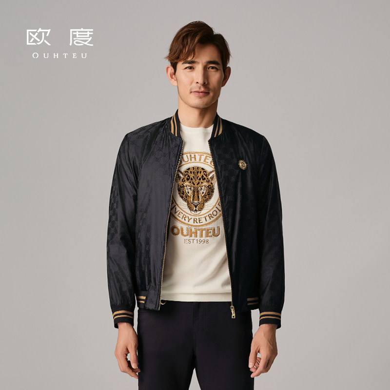 OUHTEU/欧度【锦纶】时尚潮流棒球领夹克外套修身版黑春秋季3203