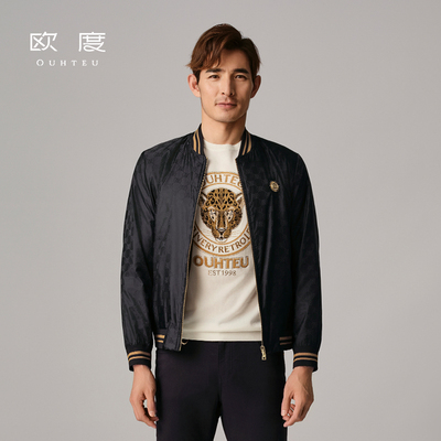 OUHTEU/欧度【锦纶】时尚潮流棒球领夹克外套修身版黑春秋季3203