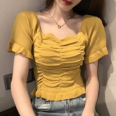 套头短袖 2024新款 胖妹妹夏季 大码 T恤 复古纯色百搭褶皱打底针织衫