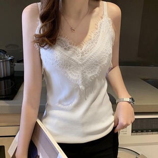 修身 法式 胖妹妹夏季 女装 显瘦针织上衣潮 蕾丝拼接V领吊带背心大码