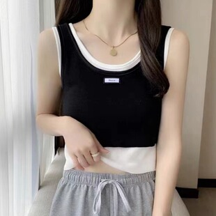 修身 运动风撞色拼接打底背心夏季 显瘦针织吊带上衣 女装 胖妹妹大码