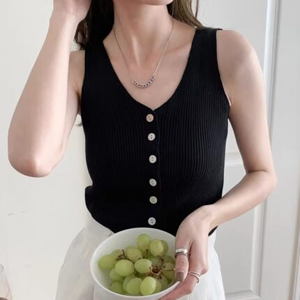 夏季新款纯色百搭纽扣开衫针织背心大码胖妹妹修身显瘦吊带上衣女