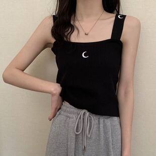 韩版 女装 学生百搭针织上衣 ins风刺绣月亮打底背心大码 胖妹妹夏季