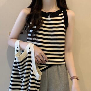 针织吊带上衣 女装 韩版 小个子百搭复古条纹拼接打底背心胖妹妹大码