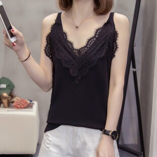 辣妹小心机修身 蕾丝拼接V领吊带背心胖妹妹夏季 打底上衣 女装 大码