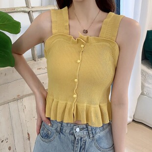 微胖妹妹显瘦短款 夏季 甜美木耳边吊带针织衫 女装 外穿针织背心 大码