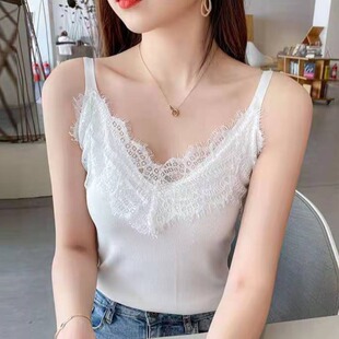 胖妹妹修身 女装 吊带背心潮 露背V领蕾丝打底上衣大码 性感辣妹同款