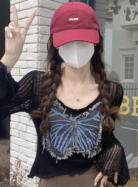 性感蝴蝶结镂空遮肉显瘦针织衫大码女装胖妹妹春季短款套头针织衫