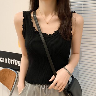 显瘦吊带上衣 胖妹妹修身 ins风简约纯色卷边打底针织背心大码 女装