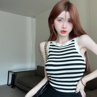 修身 洋气百搭学生拼色条纹吊带背心夏季 针织上衣潮 女装 胖妹妹大码